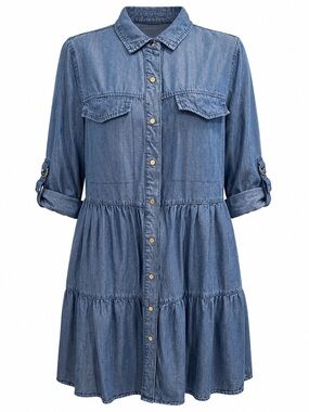 Tribal Jeans Lyocell Chambray Tiered Shirt Dress P/S Small